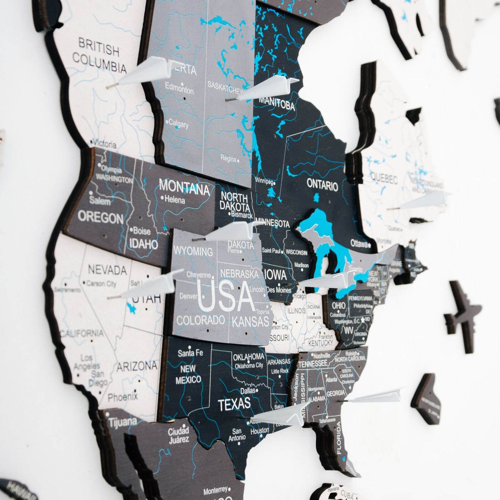 Bundle: Colored Map, Photo Frames, Flags and Airplanes Pins Enjoy The Wood