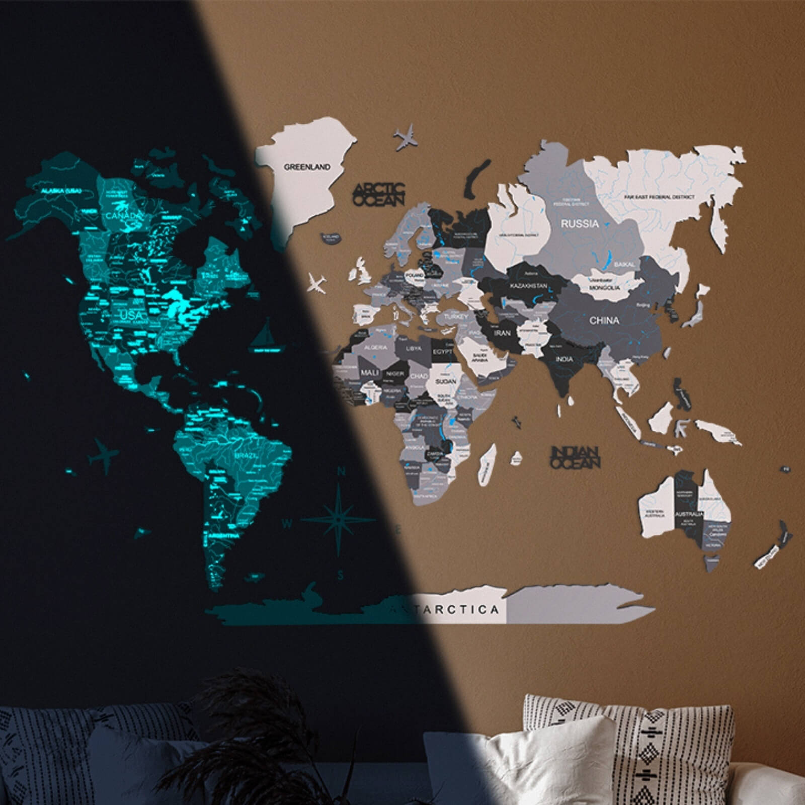 3D Luminous/Magnetic Colored Wooden World Map Nordik Enjoy The Wood