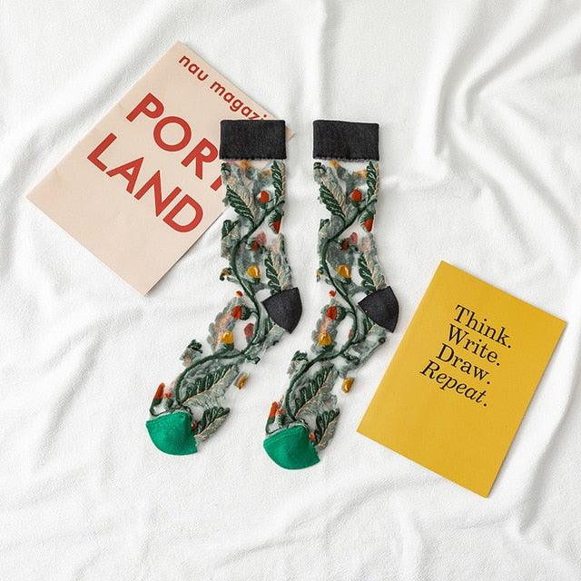 Novelty Harajuku Crystal Silk Tide Socks Funny Sunflowers Vines Flowers Happy Socks Casual High Quality Socks for Women