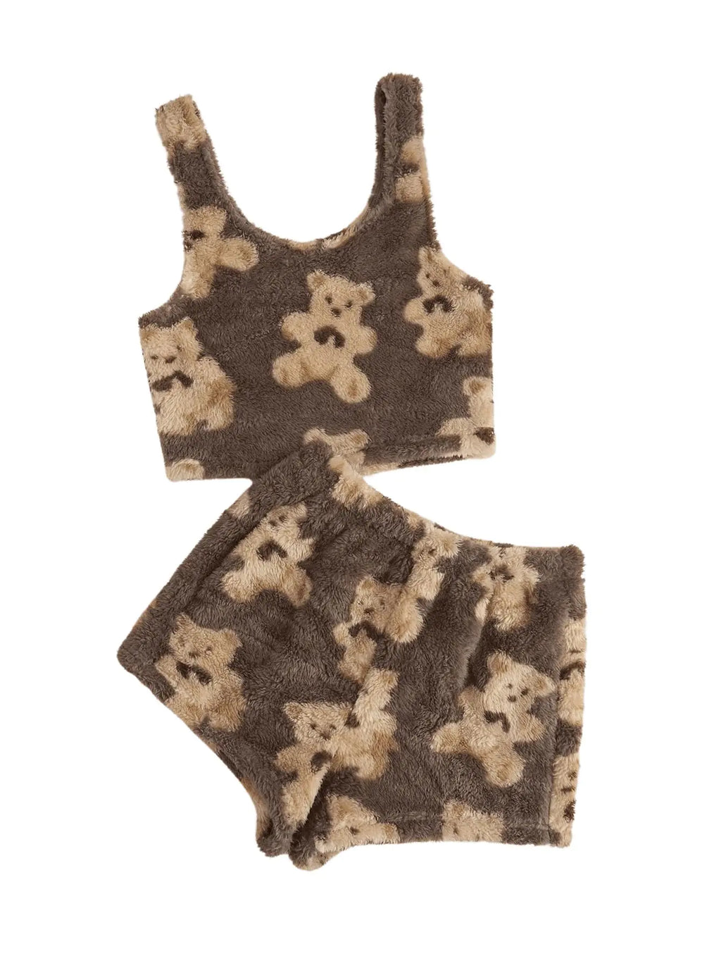SHENHE Womens Fuzzy Pajamas Bear Print Puffy Tank and Shorts 2 Piece Cute Pajama Set Mocha Brown Small Lootquake LLC