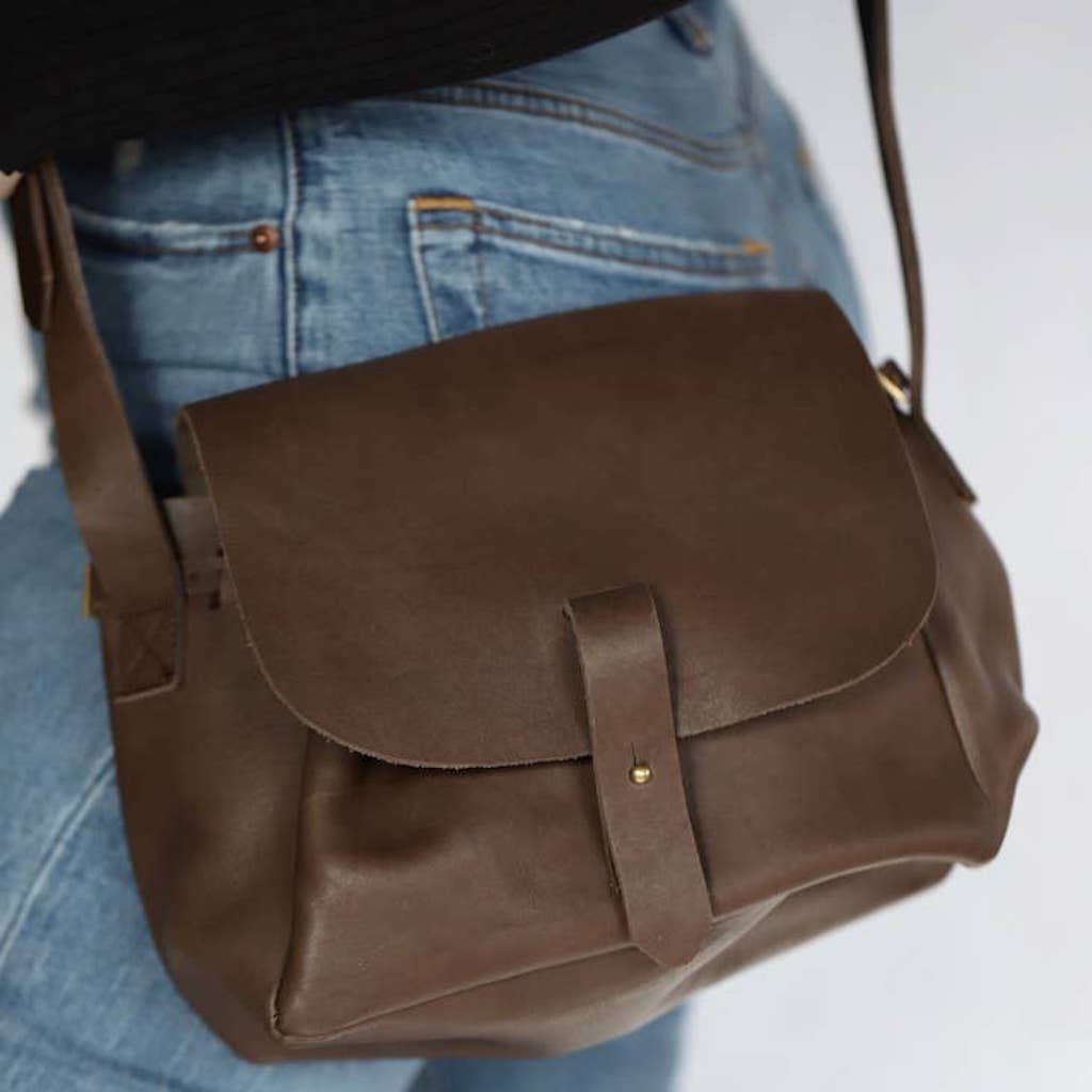 Nubuck Leather Bucket Bag Handcrafted Kenya Upcycled Neutral Everyday Tote BandsCo Straps