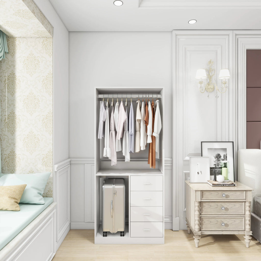 White Wood Closet System Storage Stand-Alone Wardrobe with 4 Drawers Closet Organizer Armoires and Wardrobeswith Hanging Rod 31.5"W x 15.7"D x 70.8"H Pi-Mart