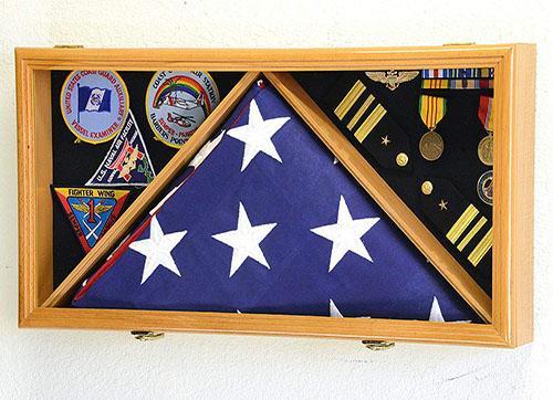 Large Flag & Medals Military Pins Patches Insignia Holds up to 3x5 Flag with oak finish material The Military Gift Store