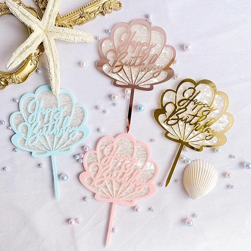 Ocean Acrylic Cake Toppers Topper Happy Birthday Cake Picks DIY Cake Insert Topper Cup Cake Toothpick Party Wedding Birthday Cake Decoration Decorating Card Birthday Shell Cake Topper DIY Wedding Party Gift Cupcake Insert Card Stevvex