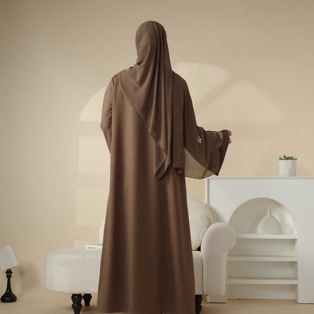Olive Branch Embroidered Linen Abaya Set With Matching Belt & Hijab (MOA037) - SJB-DIAMOND ELITES