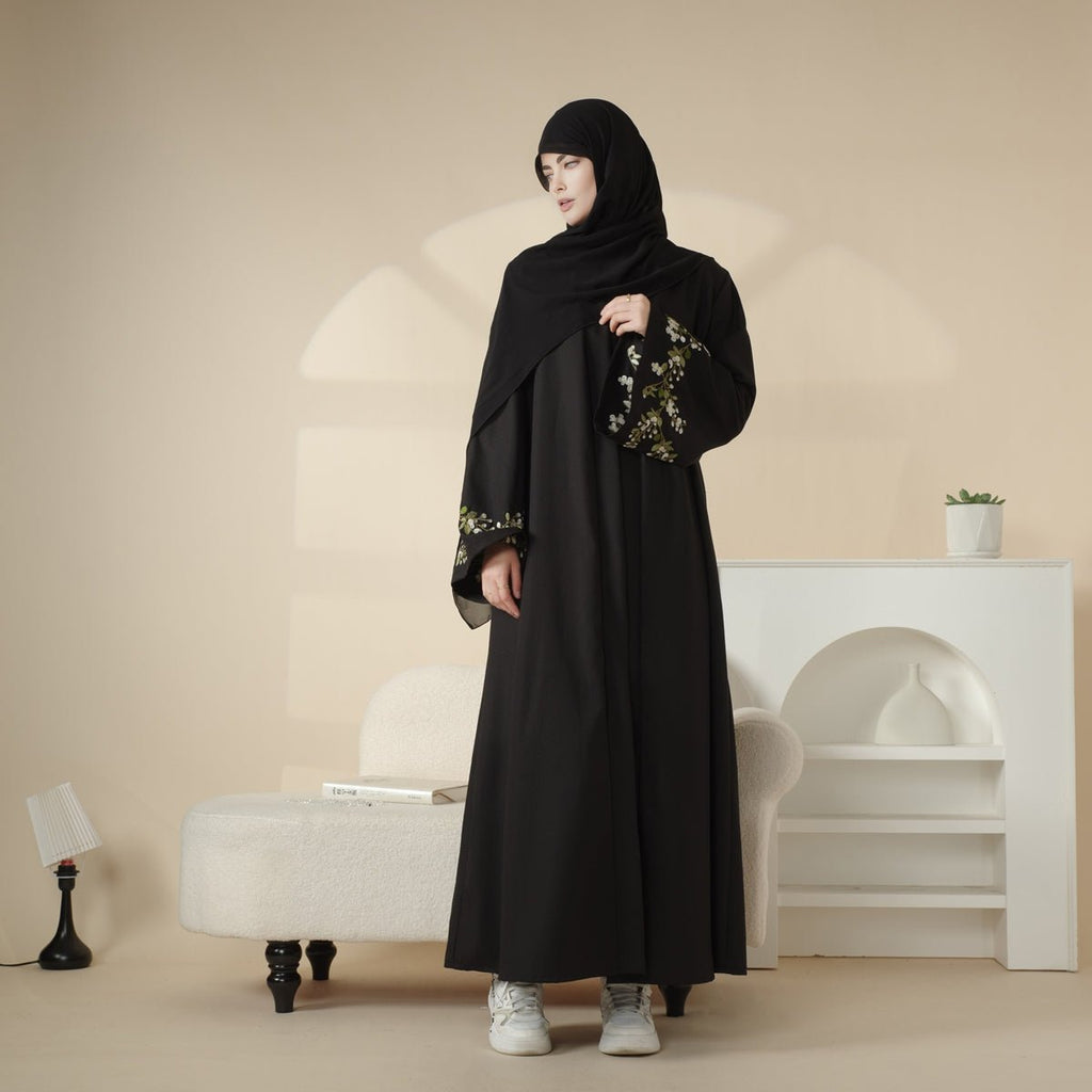 Olive Branch Embroidered Linen Abaya Set With Matching Belt & Hijab (MOA037) - SJB-DIAMOND ELITES