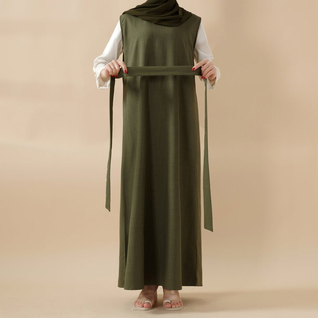 Olive Branch Embroidered Linen Abaya Set With Matching Belt & Hijab (MOA037) - SJB-DIAMOND ELITES