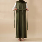 Olive Branch Embroidered Linen Abaya Set With Matching Belt & Hijab (MOA037) - SJB-DIAMOND ELITES