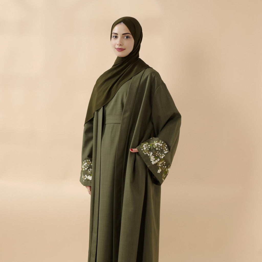 Olive Branch Embroidered Linen Abaya Set With Matching Belt & Hijab (MOA037) - SJB-DIAMOND ELITES