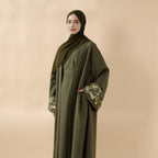 Olive Branch Embroidered Linen Abaya Set With Matching Belt & Hijab (MOA037) - SJB-DIAMOND ELITES