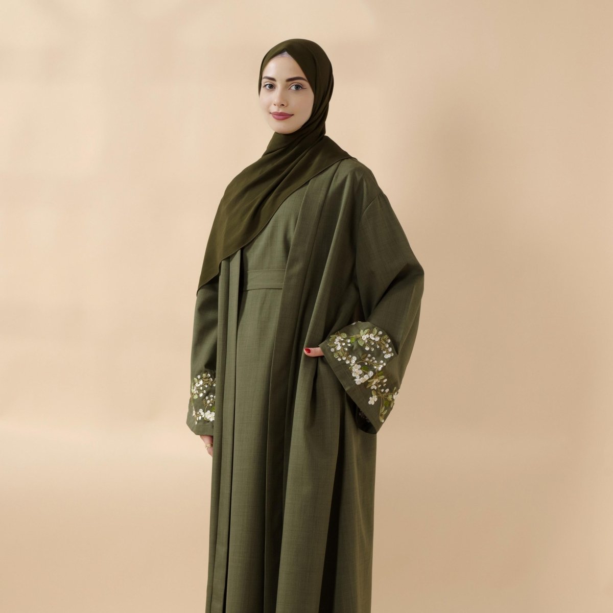 Olive Branch Embroidered Linen Abaya Set With Matching Belt & Hijab (MOA037) - SJB-DIAMOND ELITES