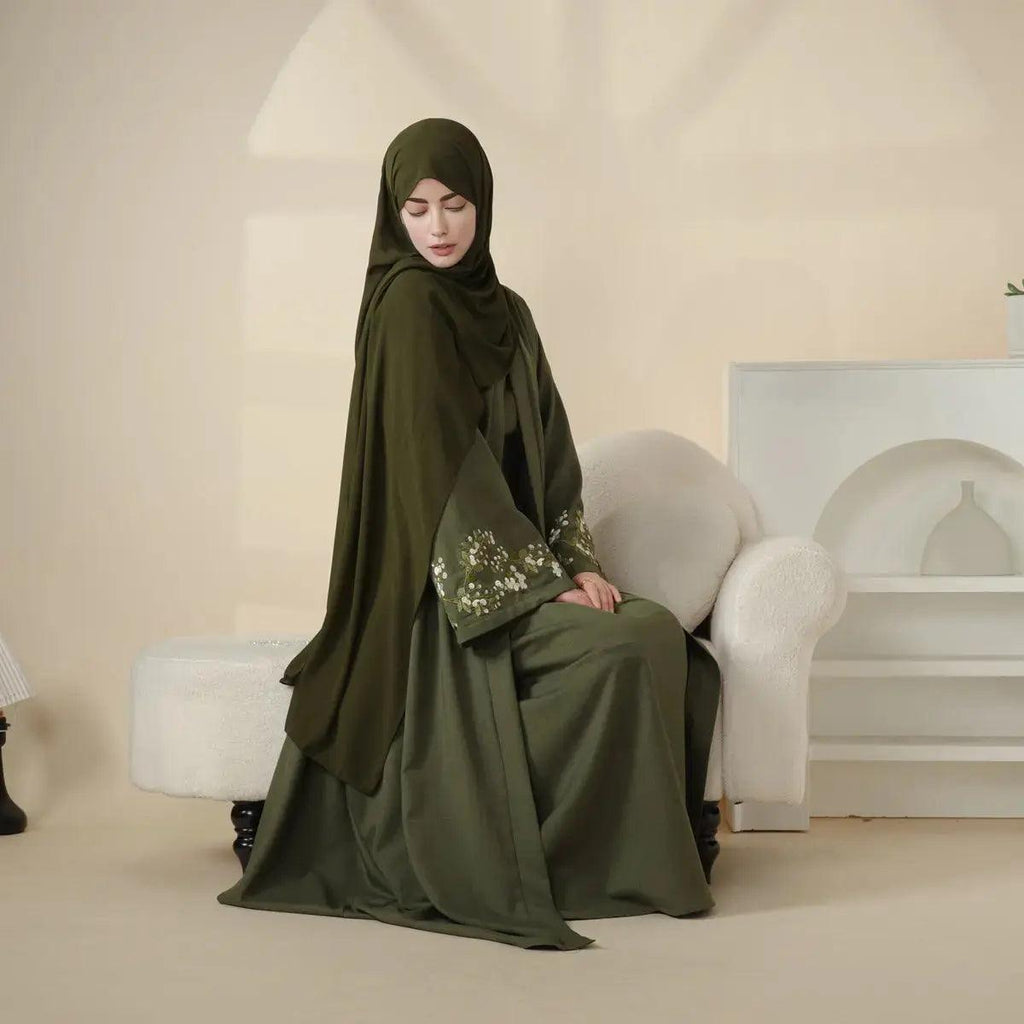 Olive Branch Embroidered Linen Abaya Set With Matching Belt & Hijab (MOA037) - SJB-DIAMOND ELITES