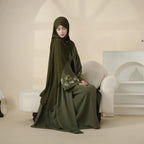 Olive Branch Embroidered Linen Abaya Set With Matching Belt & Hijab (MOA037) - SJB-DIAMOND ELITES