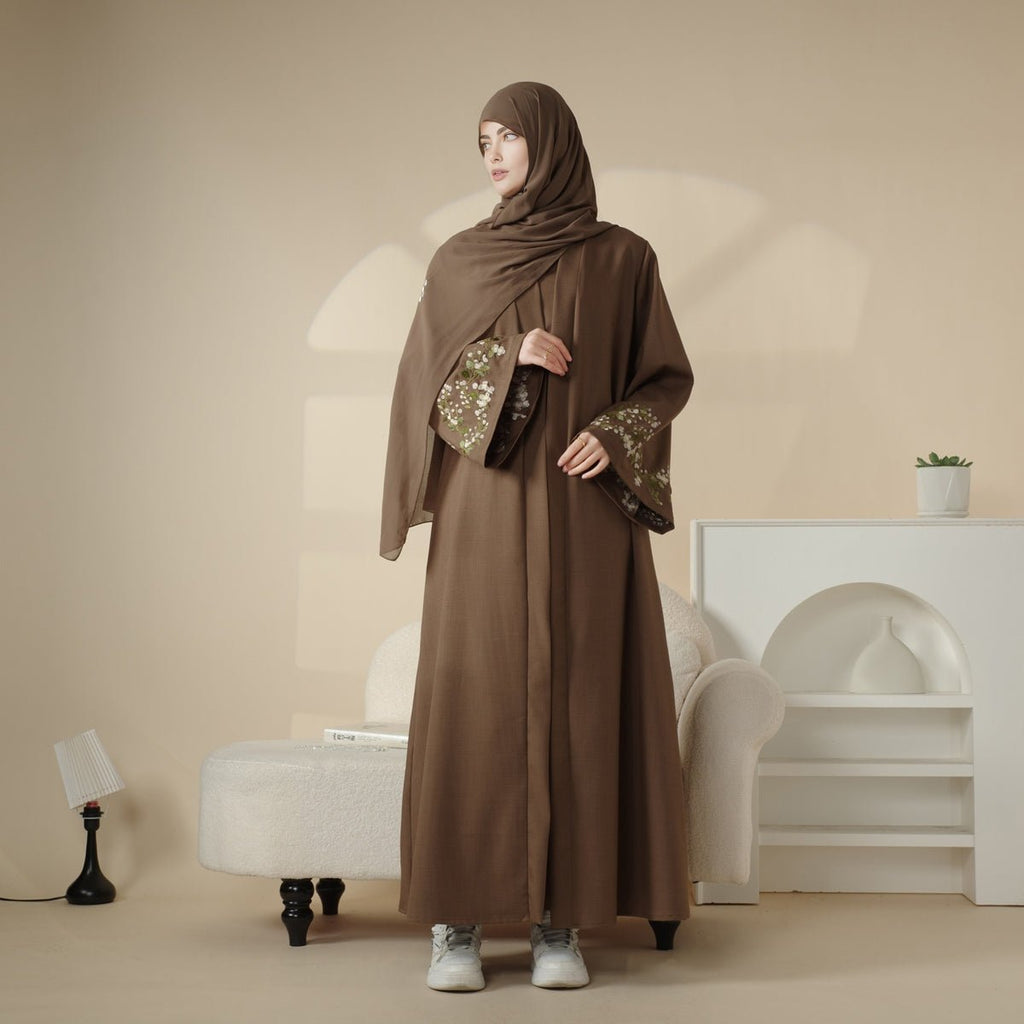 Olive Branch Embroidered Linen Abaya Set With Matching Belt & Hijab (MOA037) - SJB-DIAMOND ELITES