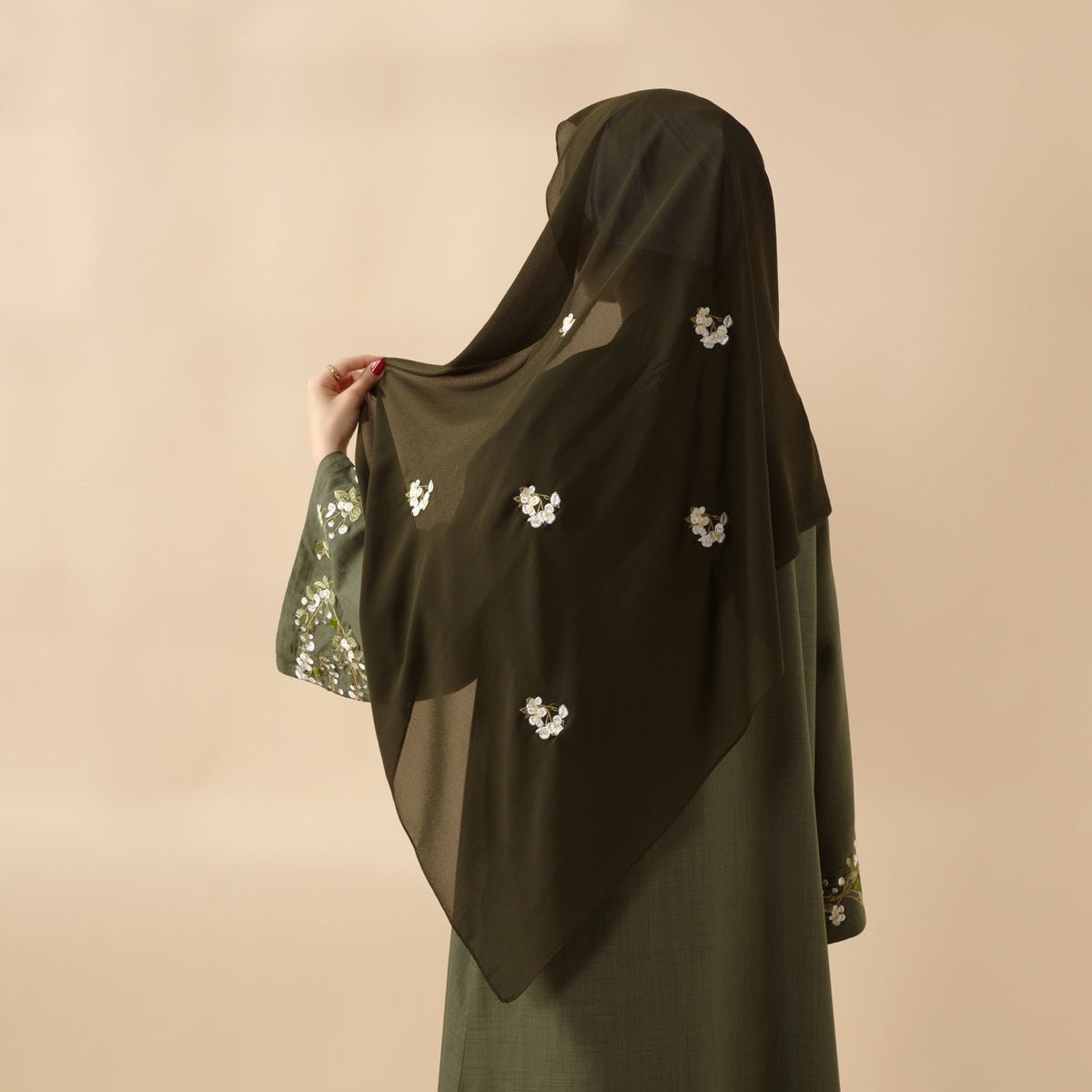 Olive Branch Embroidered Linen Abaya Set With Matching Belt & Hijab (MOA037) - SJB-DIAMOND ELITES