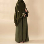 Olive Branch Embroidered Linen Abaya Set With Matching Belt & Hijab (MOA037) - SJB-DIAMOND ELITES