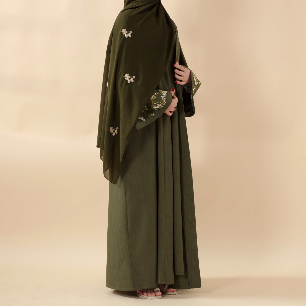 Olive Branch Embroidered Linen Abaya Set With Matching Belt & Hijab (MOA037) - SJB-DIAMOND ELITES
