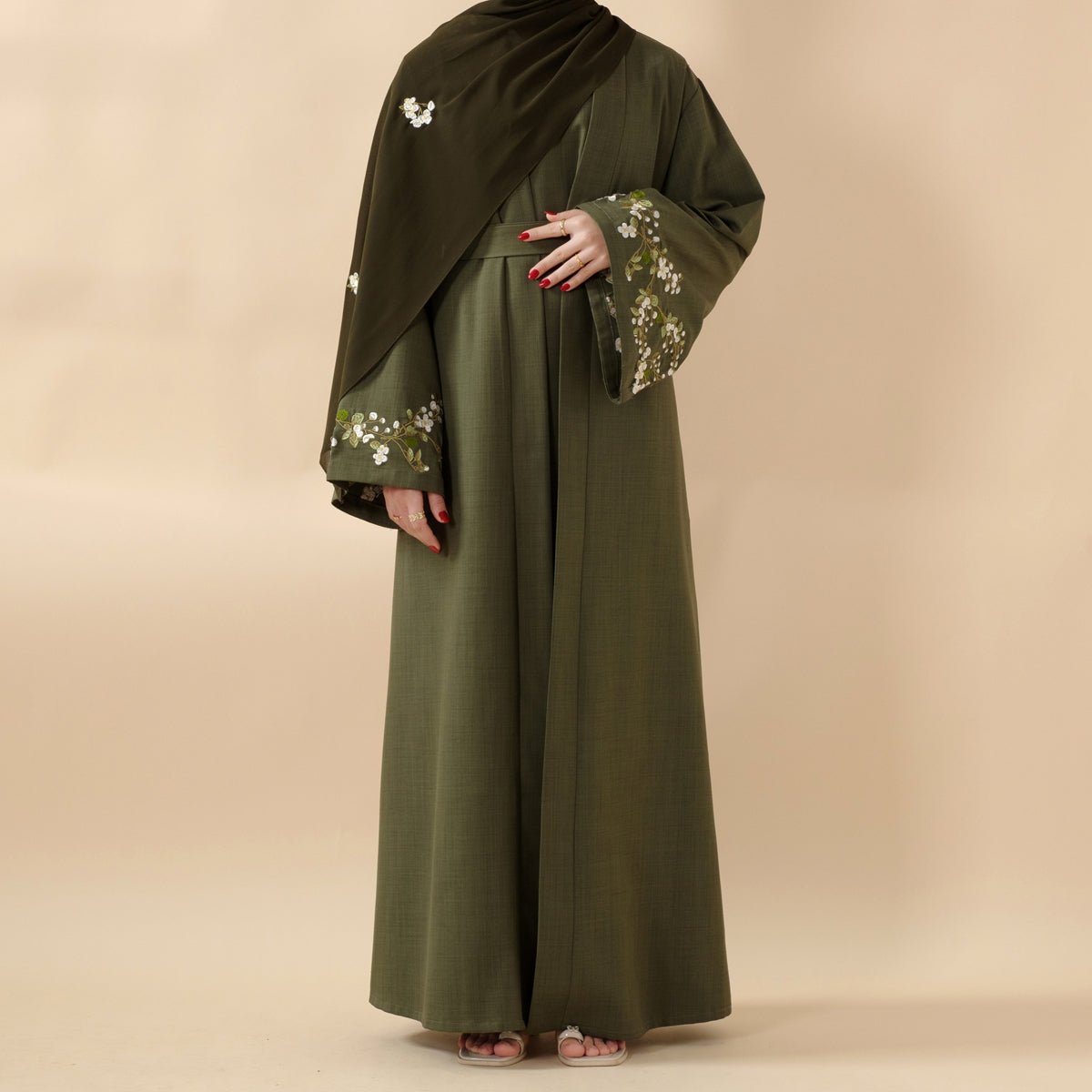 Olive Branch Embroidered Linen Abaya Set With Matching Belt & Hijab (MOA037) - SJB-DIAMOND ELITES