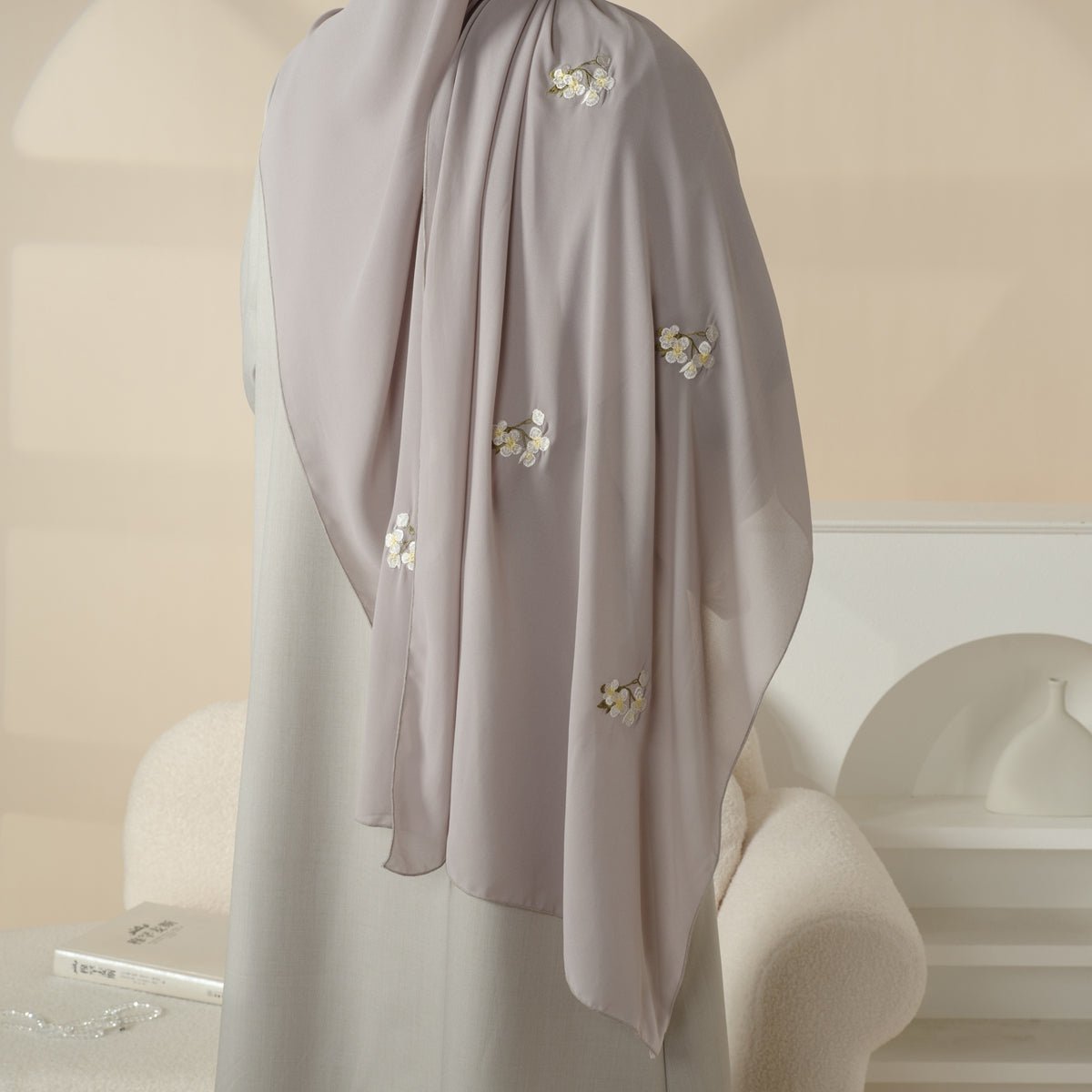 Olive Branch Embroidered Linen Abaya Set With Matching Belt & Hijab (MOA037) - SJB-DIAMOND ELITES