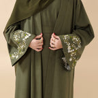 Olive Branch Embroidered Linen Abaya Set With Matching Belt & Hijab (MOA037) - SJB-DIAMOND ELITES