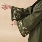 Olive Branch Embroidered Linen Abaya Set With Matching Belt & Hijab (MOA037) - SJB-DIAMOND ELITES