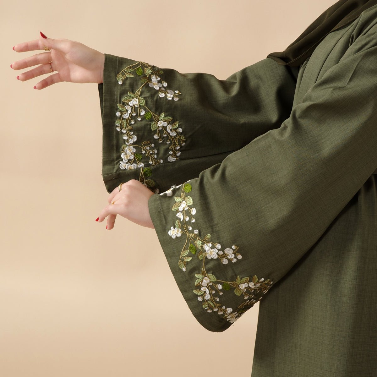 Olive Branch Embroidered Linen Abaya Set With Matching Belt & Hijab (MOA037) - SJB-DIAMOND ELITES