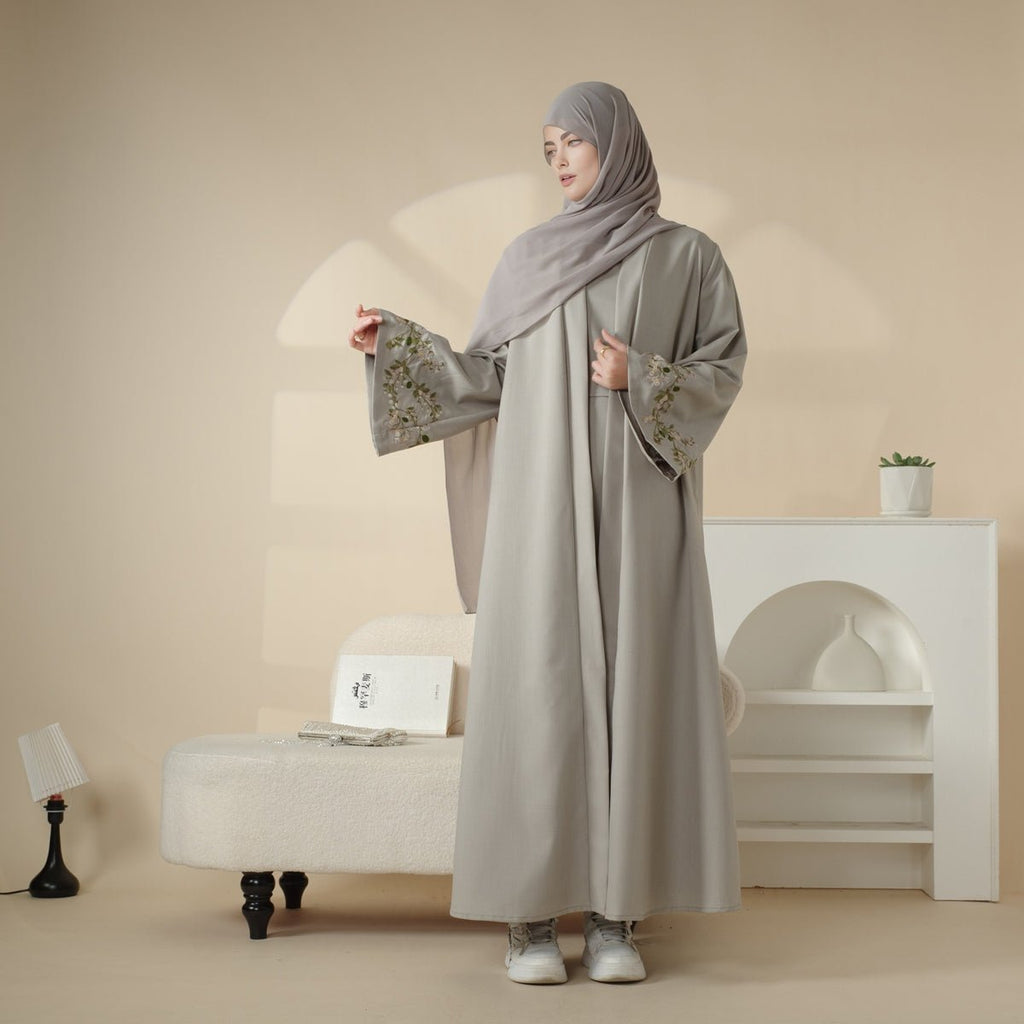 Olive Branch Embroidered Linen Abaya Set With Matching Belt & Hijab (MOA037) - SJB-DIAMOND ELITES
