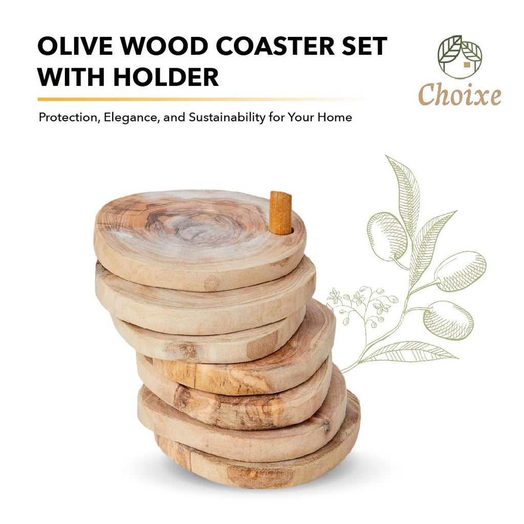 Olive Wood Coaster Set 7Pc With Holder - Natural Round Handcarved Coasters BandsCo Straps
