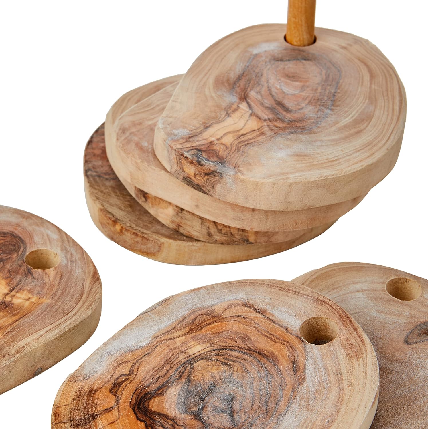 Olive Wood Coaster Set 7Pc With Holder - Natural Round Handcarved Coasters BandsCo Straps