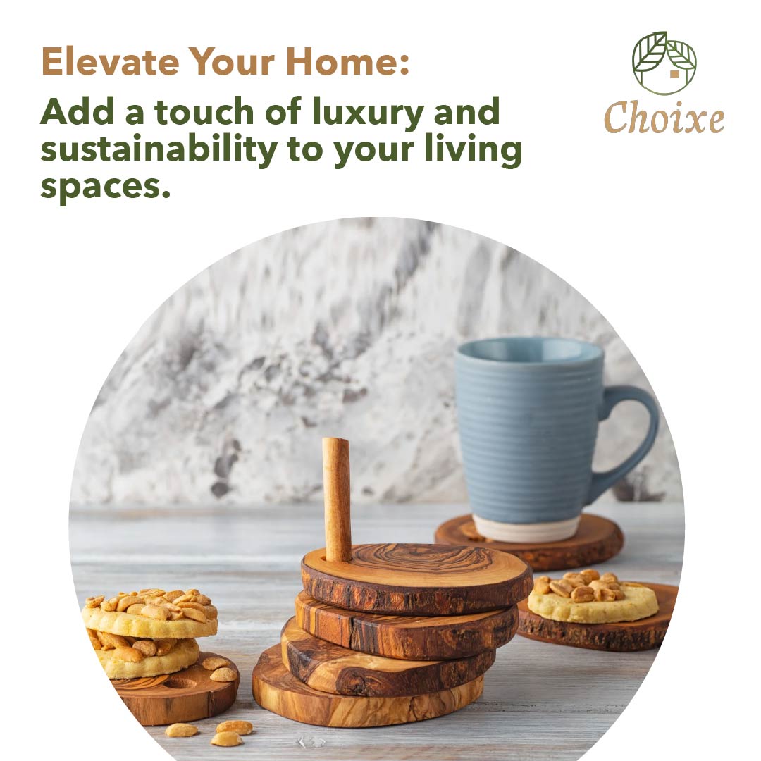 Olive Wood Coaster Set 7Pc With Holder - Natural Round Handcarved Coasters BandsCo Straps