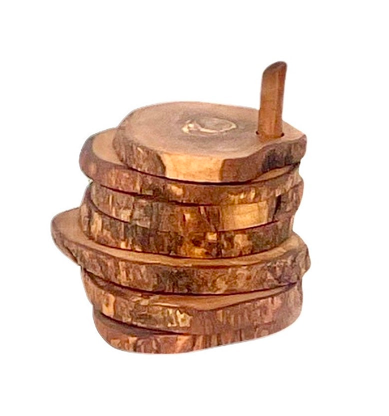 Olive Wood Coaster Set 7Pc With Holder - Natural Round Handcarved Coasters BandsCo Straps