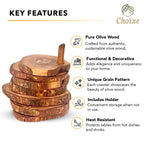Olive Wood Coaster Set 7Pc With Holder - Natural Round Handcarved Coasters BandsCo Straps