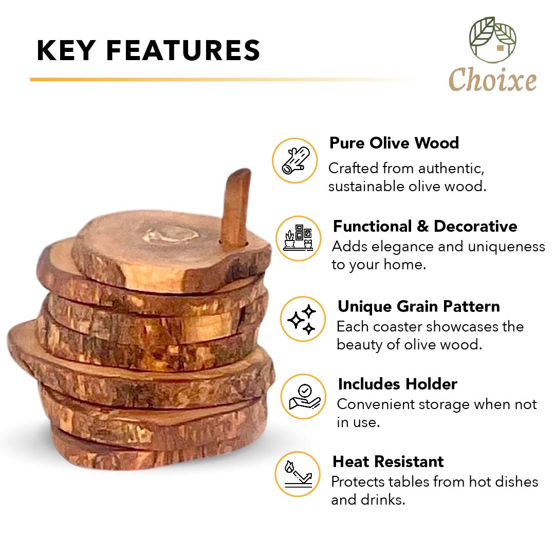 Olive Wood Coaster Set 7Pc With Holder - Natural Round Handcarved Coasters BandsCo Straps