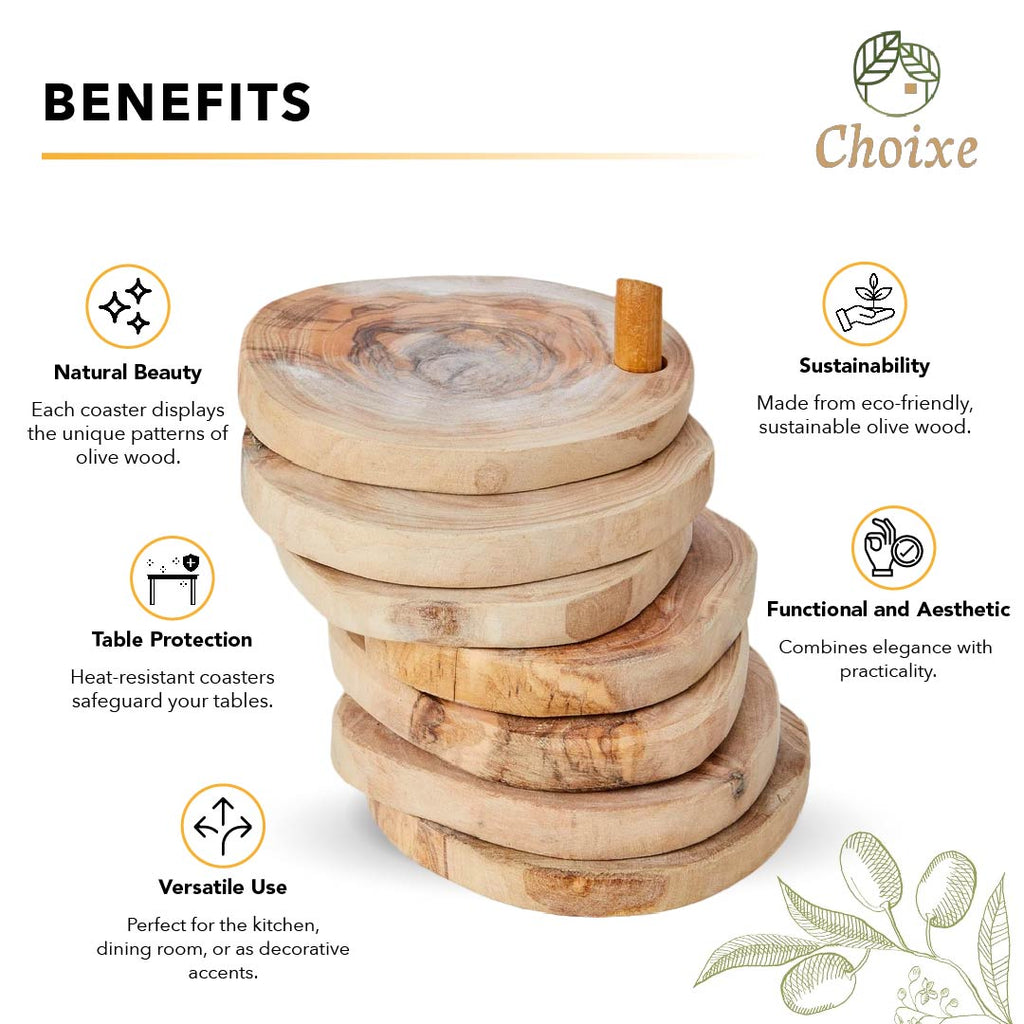 Olive Wood Coaster Set 7Pc With Holder - Natural Round Handcarved Coasters BandsCo Straps