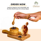 Olive Wood Honey Pot With Dipper Spoon - Hand Carved Kitchen Jar