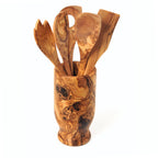 Olive Wood Kitchen Utensil Set 6-Piece Hand-Carved Servers With Holder BandsCo Straps