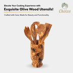 Olive Wood Kitchen Utensil Set 6-Piece Hand-Carved Servers With Holder BandsCo Straps