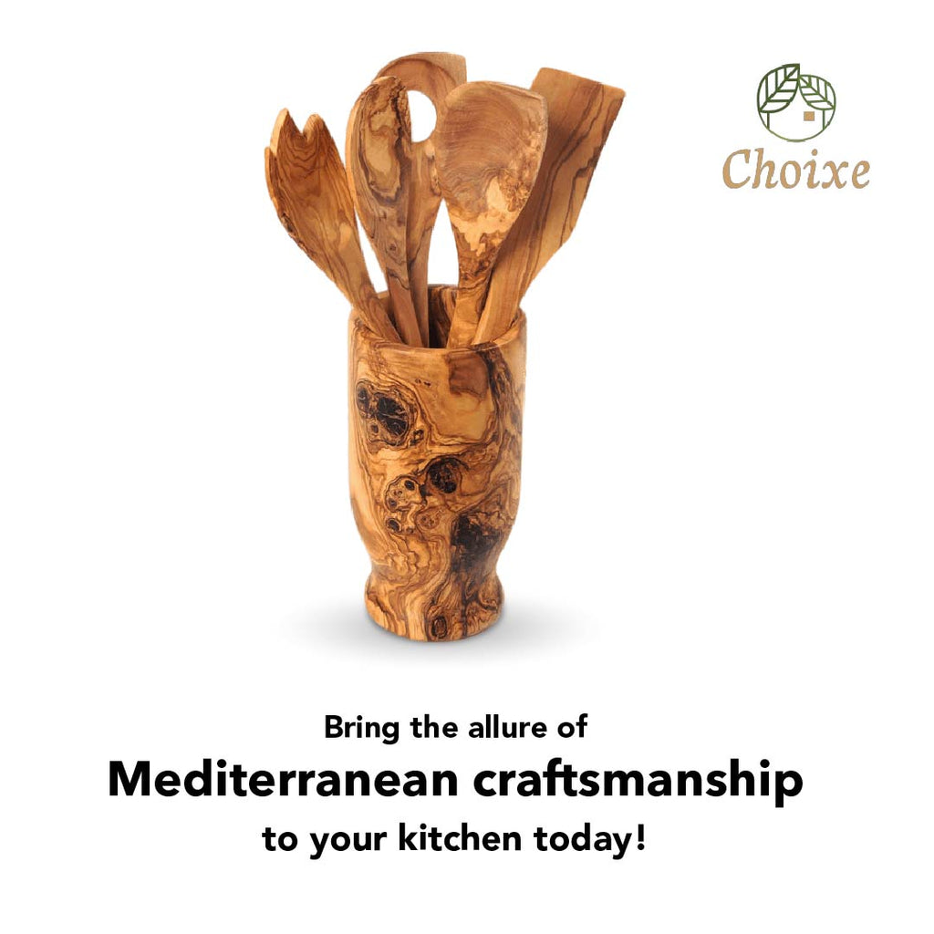 Olive Wood Kitchen Utensil Set 6-Piece Hand-Carved Servers With Holder BandsCo Straps