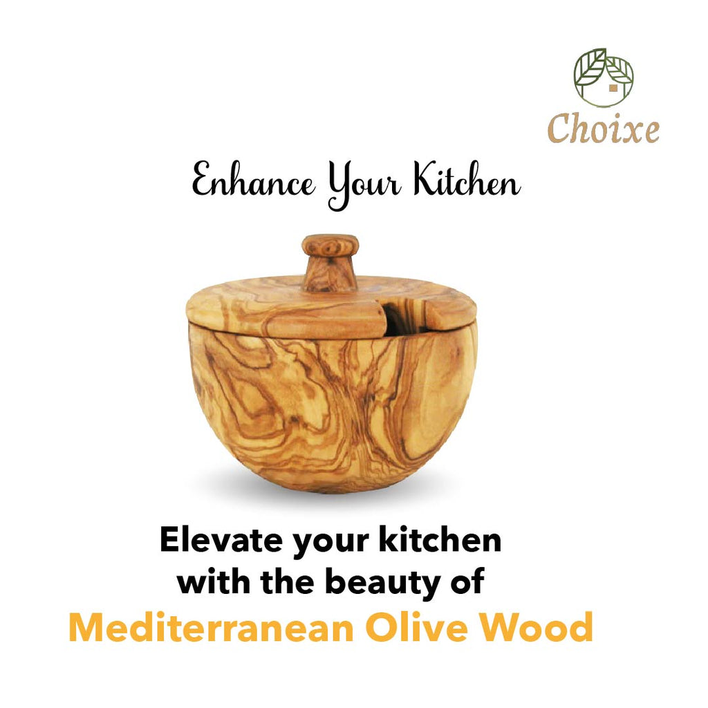 Olive Wood Spice Canister - Hand-Carved Herb Jar, Natural Grain