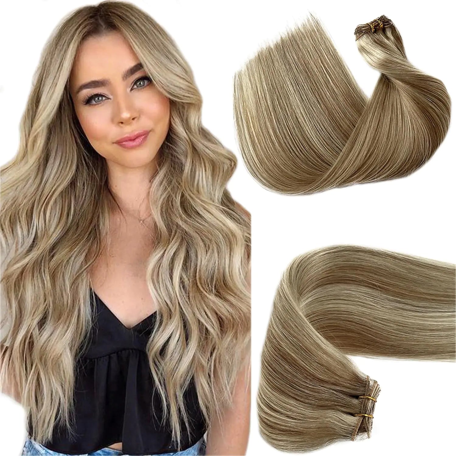 Sew in Hair Extensions Real Human Hair Weft Hair Extensions Ash Brown to Platinum Blonde Hand Tied Weft Hair Extensions for White Women Double Weft Hair Extensions Sew in Human Hair 80G 12 Inch Pi-Mart