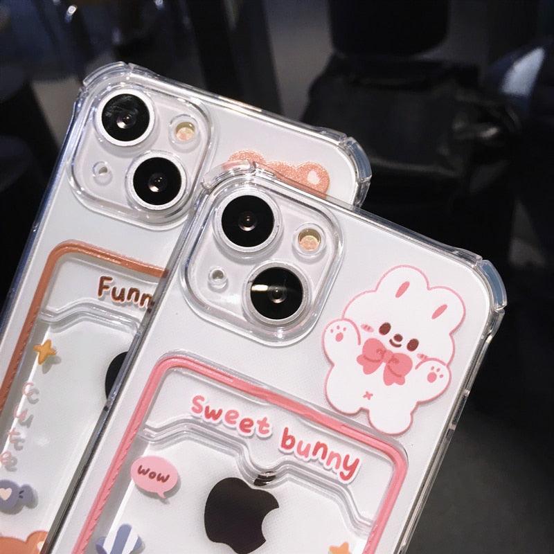 Orange Cute Cartoon Bear Rabbit Clear Phone Case For iPhone 14 Pro Max 13 12 11 X XR XS 7 8 Plus Card Holder Wallet Shockproof Cover Cartoon Soft iPhone Case Stevvex