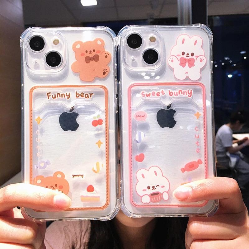 Orange Cute Cartoon Bear Rabbit Clear Phone Case For iPhone 14 Pro Max 13 12 11 X XR XS 7 8 Plus Card Holder Wallet Shockproof Cover Cartoon Soft iPhone Case Stevvex