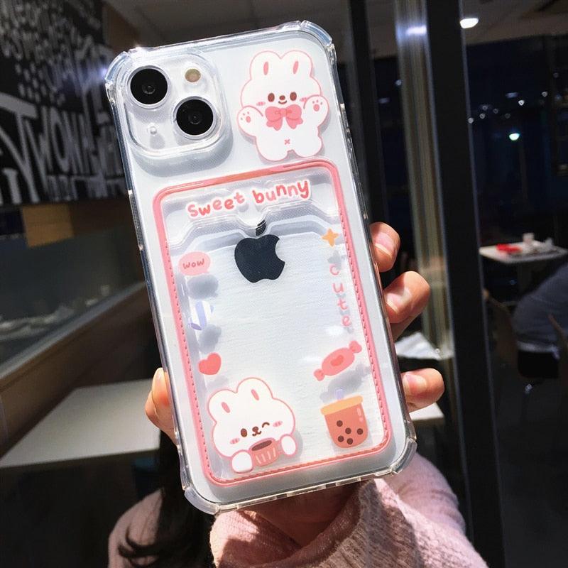 Orange Cute Cartoon Bear Rabbit Clear Phone Case For iPhone 14 Pro Max 13 12 11 X XR XS 7 8 Plus Card Holder Wallet Shockproof Cover Cartoon Soft iPhone Case Stevvex