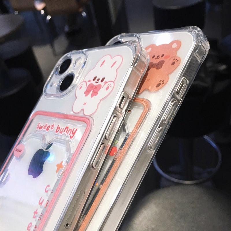 Orange Cute Cartoon Bear Rabbit Clear Phone Case For iPhone 14 Pro Max 13 12 11 X XR XS 7 8 Plus Card Holder Wallet Shockproof Cover Cartoon Soft iPhone Case Stevvex