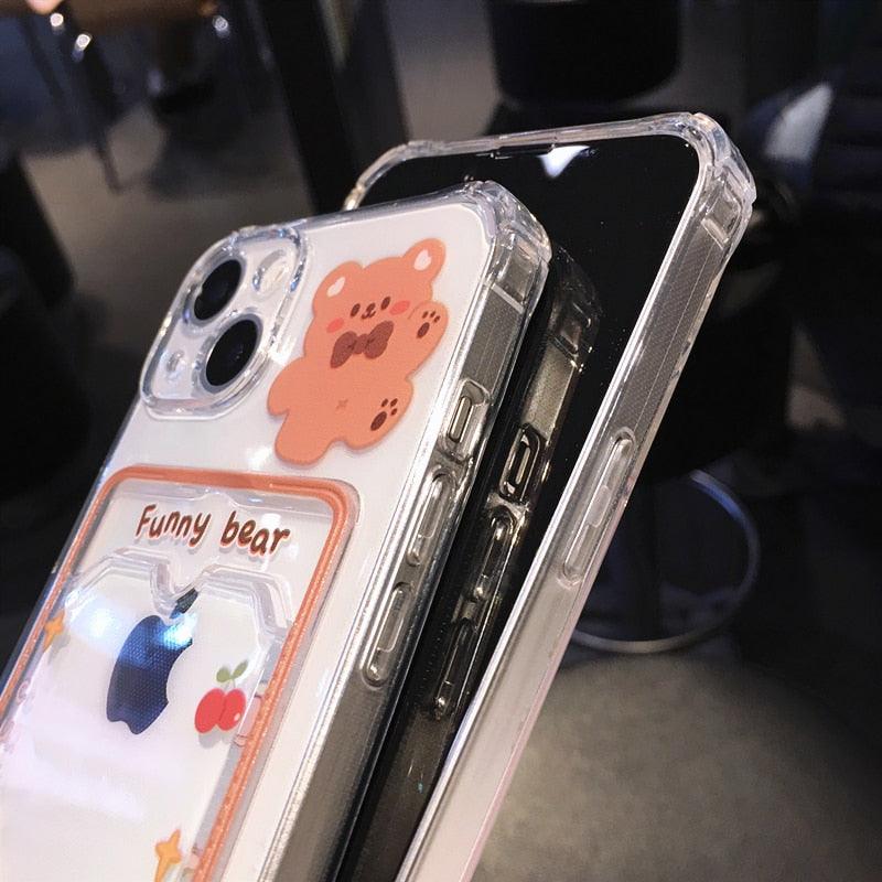 Orange Cute Cartoon Bear Rabbit Clear Phone Case For iPhone 14 Pro Max 13 12 11 X XR XS 7 8 Plus Card Holder Wallet Shockproof Cover Cartoon Soft iPhone Case Stevvex