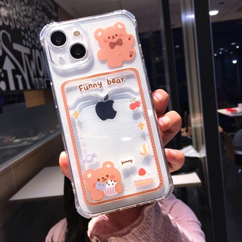 Orange Cute Cartoon Bear Rabbit Clear Phone Case For iPhone 14 Pro Max 13 12 11 X XR XS 7 8 Plus Card Holder Wallet Shockproof Cover Cartoon Soft iPhone Case Stevvex