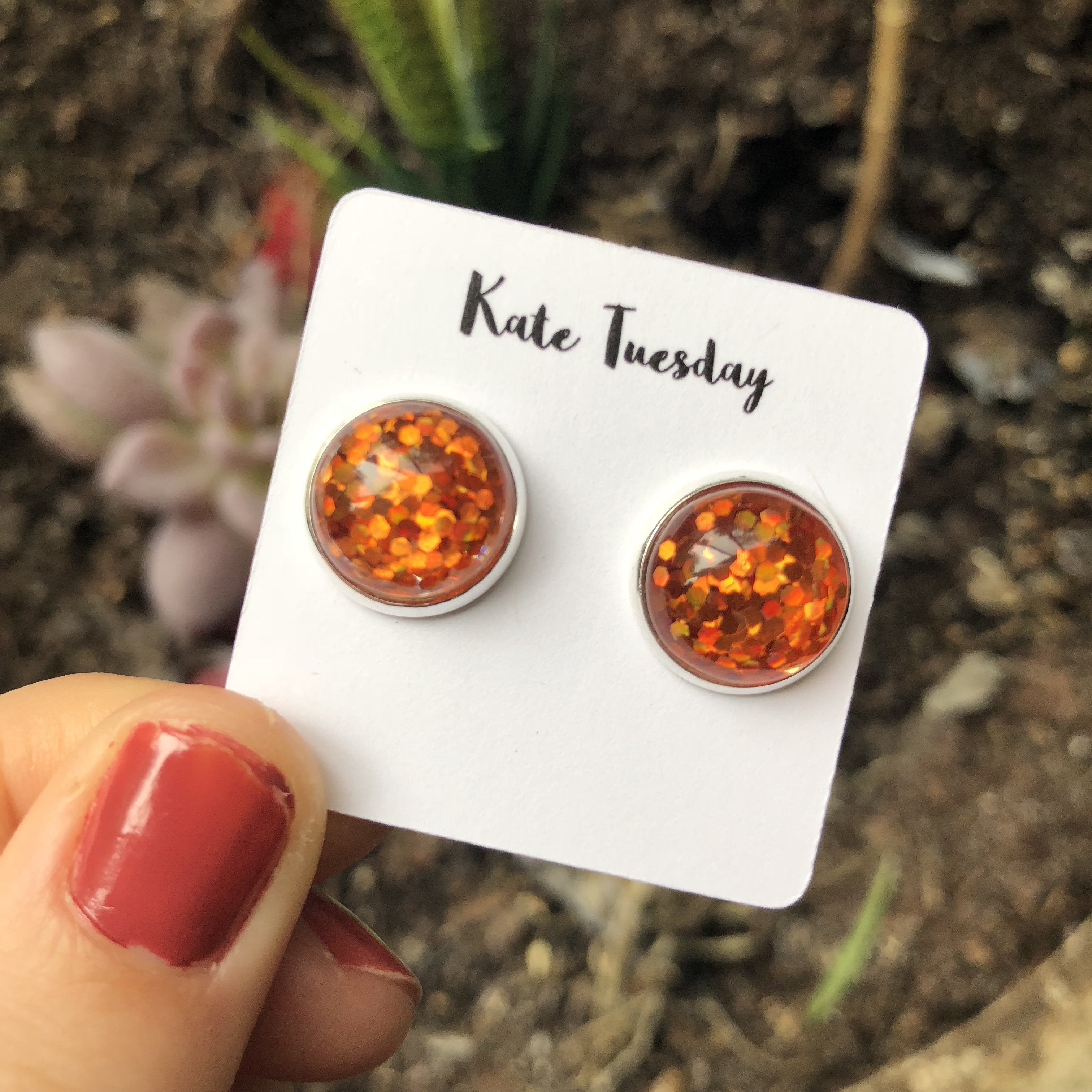 Orange Glitter Stud Earrings Hypoallergenic Sparkle