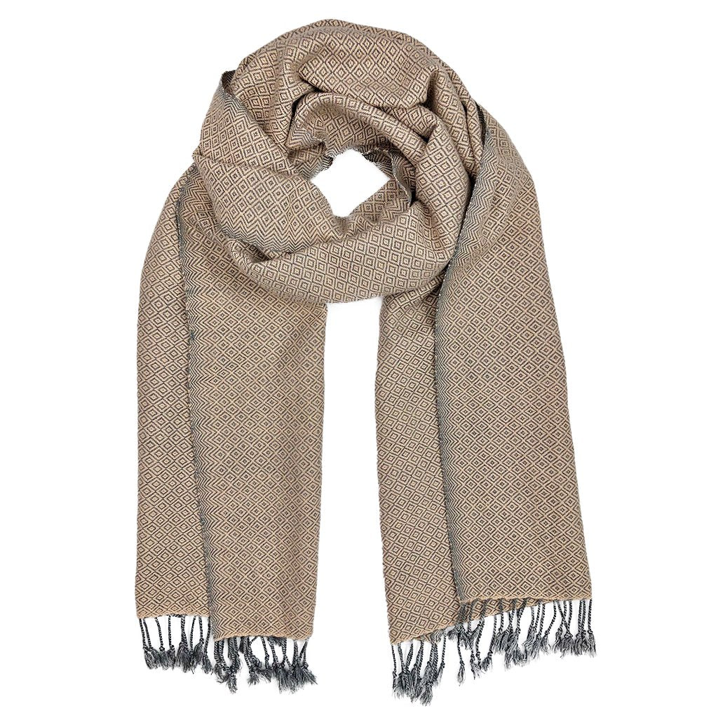 Organic Cotton Diamond Scarf 67x12 In Handloom With Tassel Fringe Earthy Tones BandsCo Straps