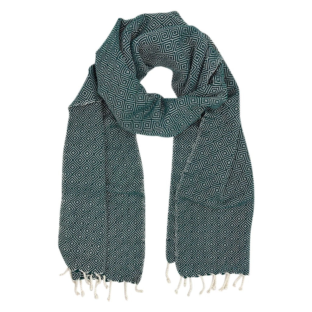 Organic Cotton Diamond Scarf 67x12 In Handloom With Tassel Fringe Earthy Tones BandsCo Straps