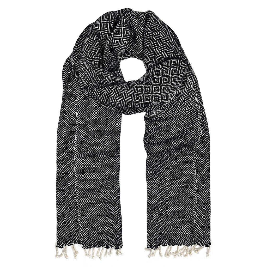 Organic Cotton Diamond Scarf 67x12 In Handloom With Tassel Fringe Earthy Tones BandsCo Straps
